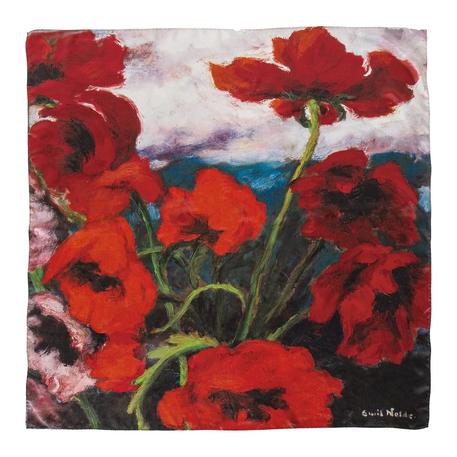 Seidentuch "Großer Mohn Rot, Rot, Rot" mit Mohnblumen und grünen Stängeln unter Wolken.