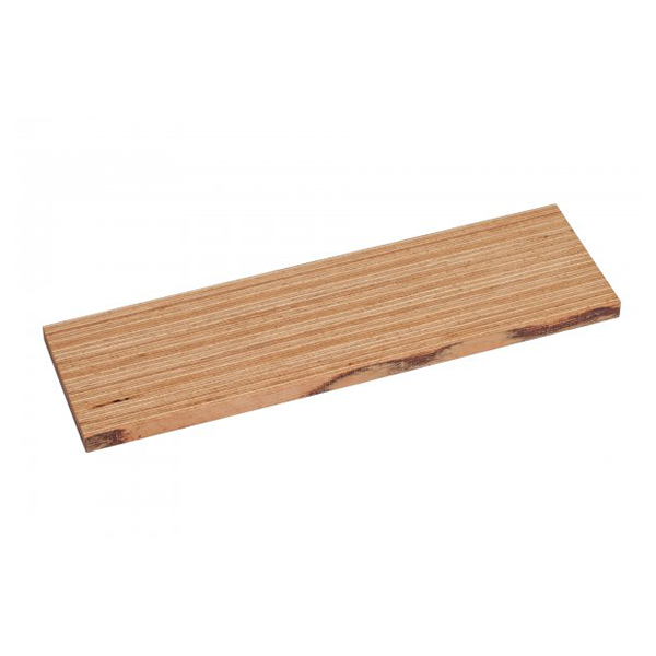 Ein flaches, rechteckiges Stück Furnierschichtholz mit sichtbarer Holzmaserung und einem dunklen Ast an einer Kante.