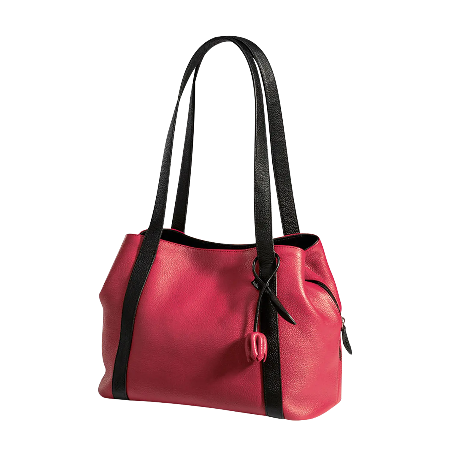 Ein eleganter Shopper aus hochwertigem, rot-schwarzem Leder steht aufrecht vor hellem Hintergrund. Die Vorderseite zeigt das zweifarbige Design: Der Hauptteil der Tasche ist in tiefem Rot gehalten, während Griffe und seitliche Partien in Schwarz kontrastieren. Am Schulterriemen ist ein kleines, dekoratives Tulpen-Accessoire aus Leder befestigt. Die Tasche wirkt strukturiert und formstabil. Seitlich sind zwei Außentaschen mit Druckknopfverschluss erkennbar.