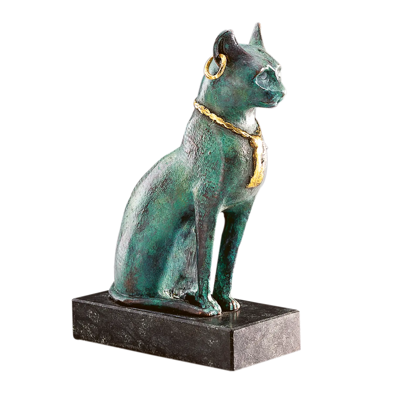 Edle Bastetkatze Skulptur mit Goldschmuck, elegantes Wohnaccessoire.