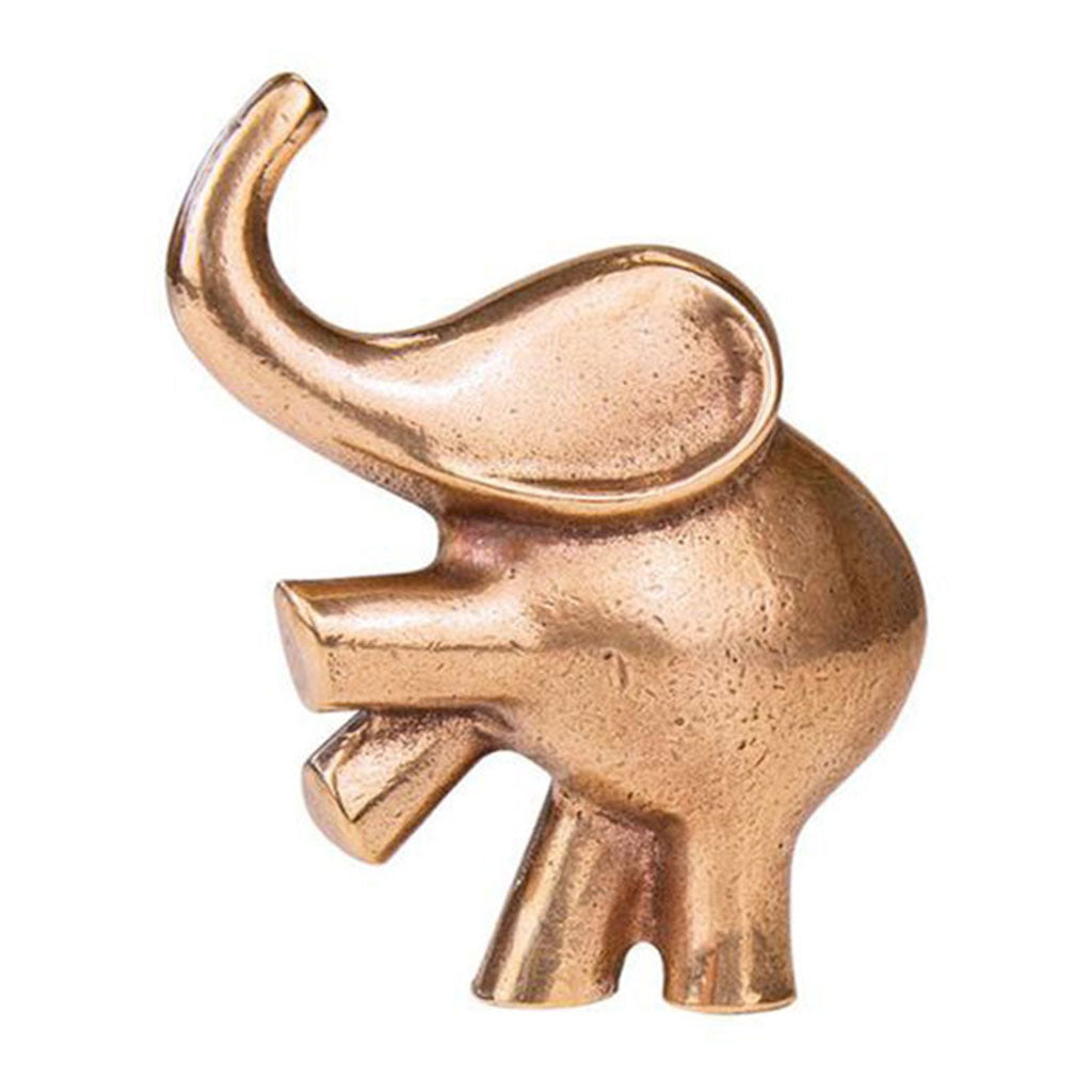 Die Skulptur „Elefant auf Hinterbeinen“ von Raimund Schmelter ist eine kleine, abstrakte Bronzefigur mit sanften Rundungen und vereinfachten Formen. Der Elefant steht aufrecht mit erhobenem Rüssel vor einem schlichten weißen Hintergrund und zeigt die typische Eleganz einer Bronze-Skulptur.