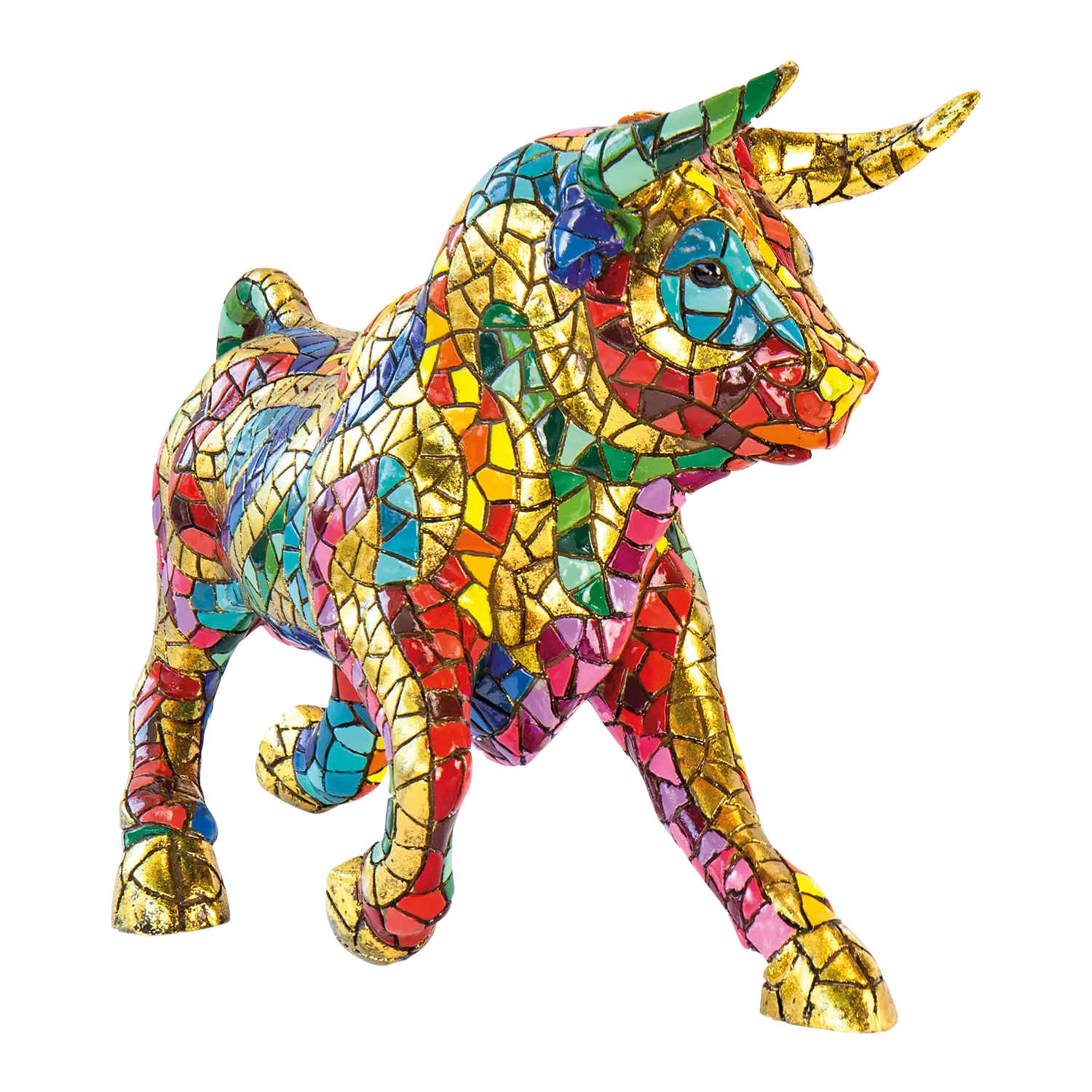 Mosaikfigur "El Toro Mosaico II" - Stier in Gold, Rot, Blau und Grün.
