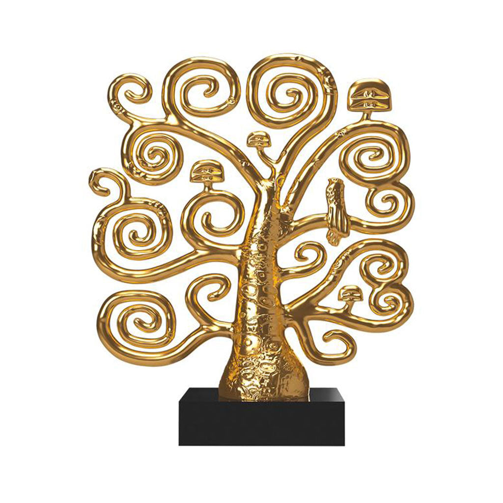 Die Skulptur „Lebensbaum“ ist eine goldene Baumskulptur mit skurrilen, spiralförmigen Zweigen und minimalistischen Details im Stil Klimts, die dem „Baum des Lebens“ ähnelt und auf einem eleganten, schwarzen, rechteckigen Sockel montiert ist.