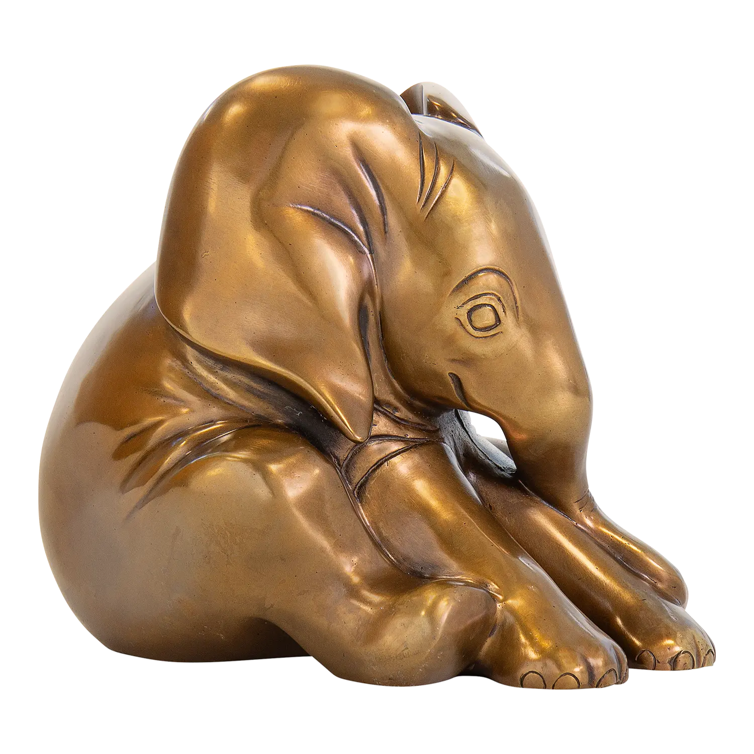 Little Elephant Bronzeskulptur eines verspielten, sitzenden Elefanten von Jagna Weber.