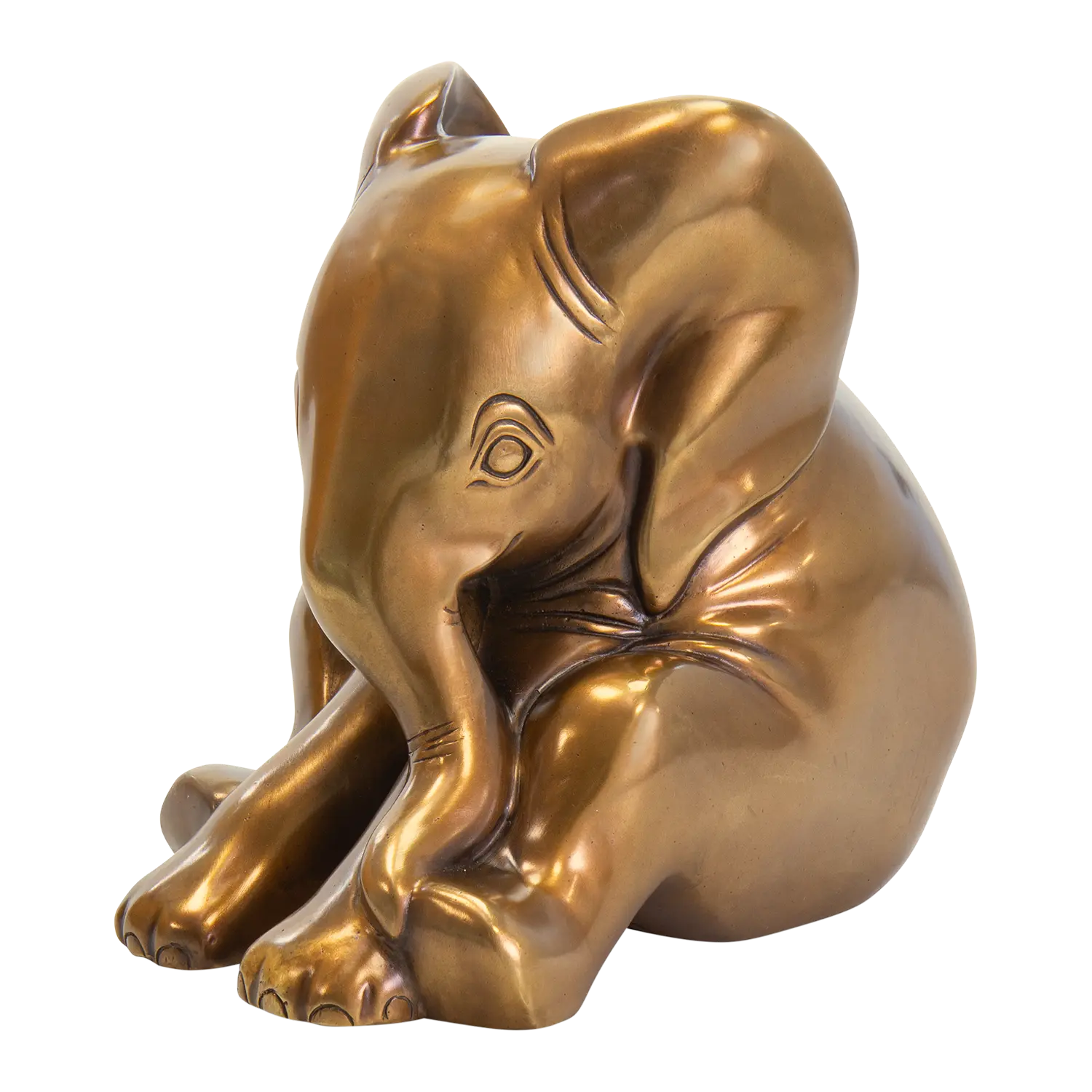 Kleiner Elefant Bronzeskulptur von Jagna Weber, sitzend mit eingerolltem Rüssel.