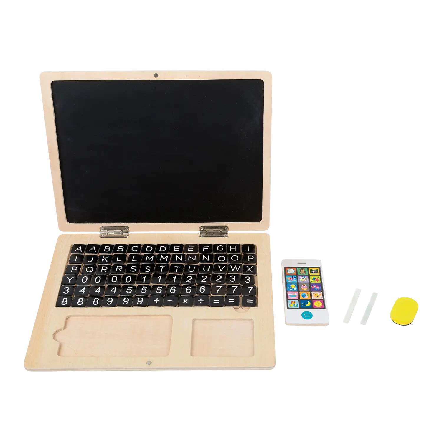 Holz-Laptop für Kinder geöffnet mit Magnettafel und Zubehör