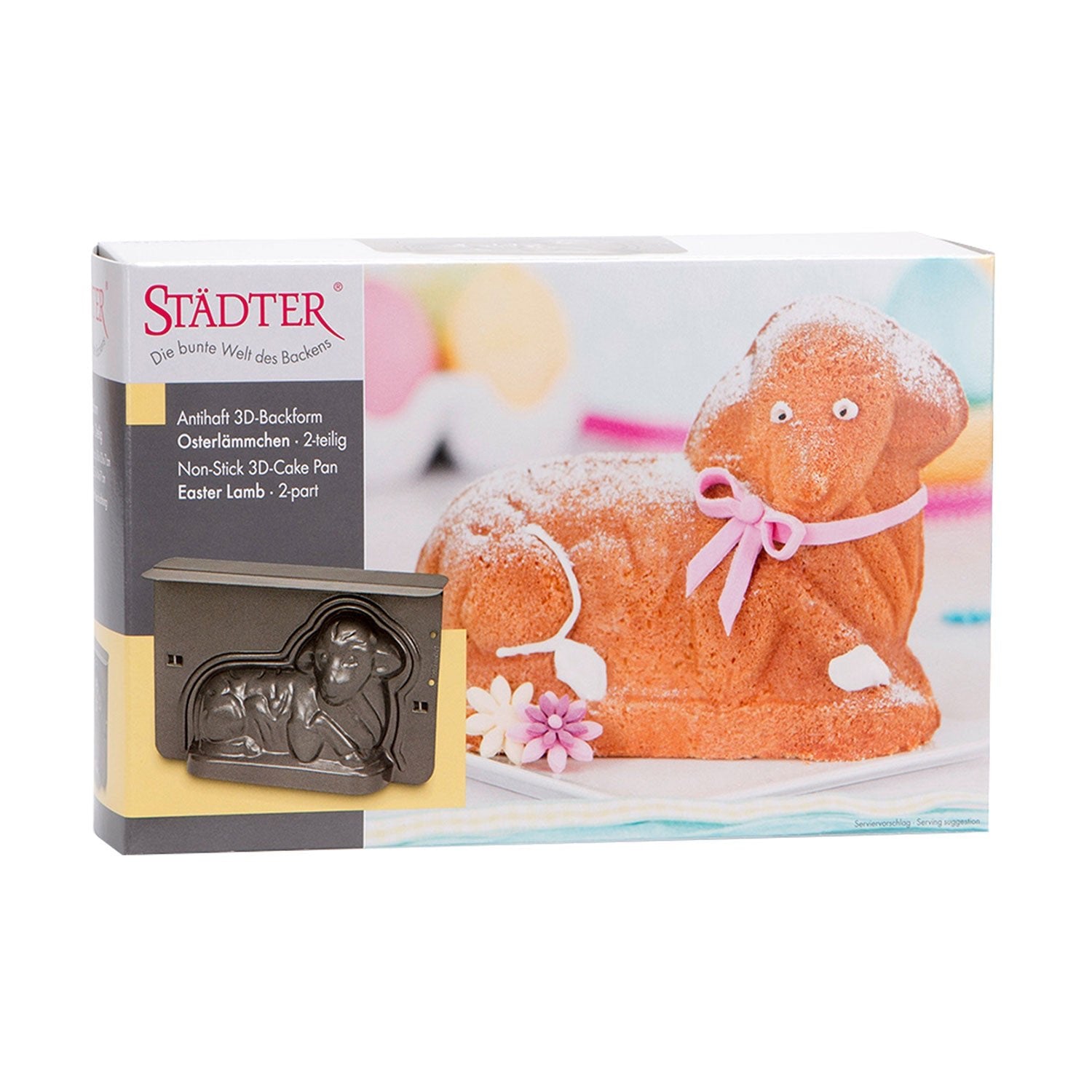 Box von Backform für ein Osterlamm, antihaftbeschichtet, mit Lammkuchenbild.