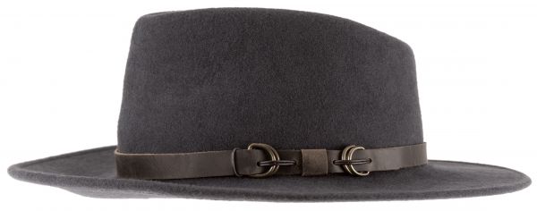 Ein dunkelgrauer Fedora-Hut aus Wollfilz mit breiter Krempe und einem Lederband um die Krone.