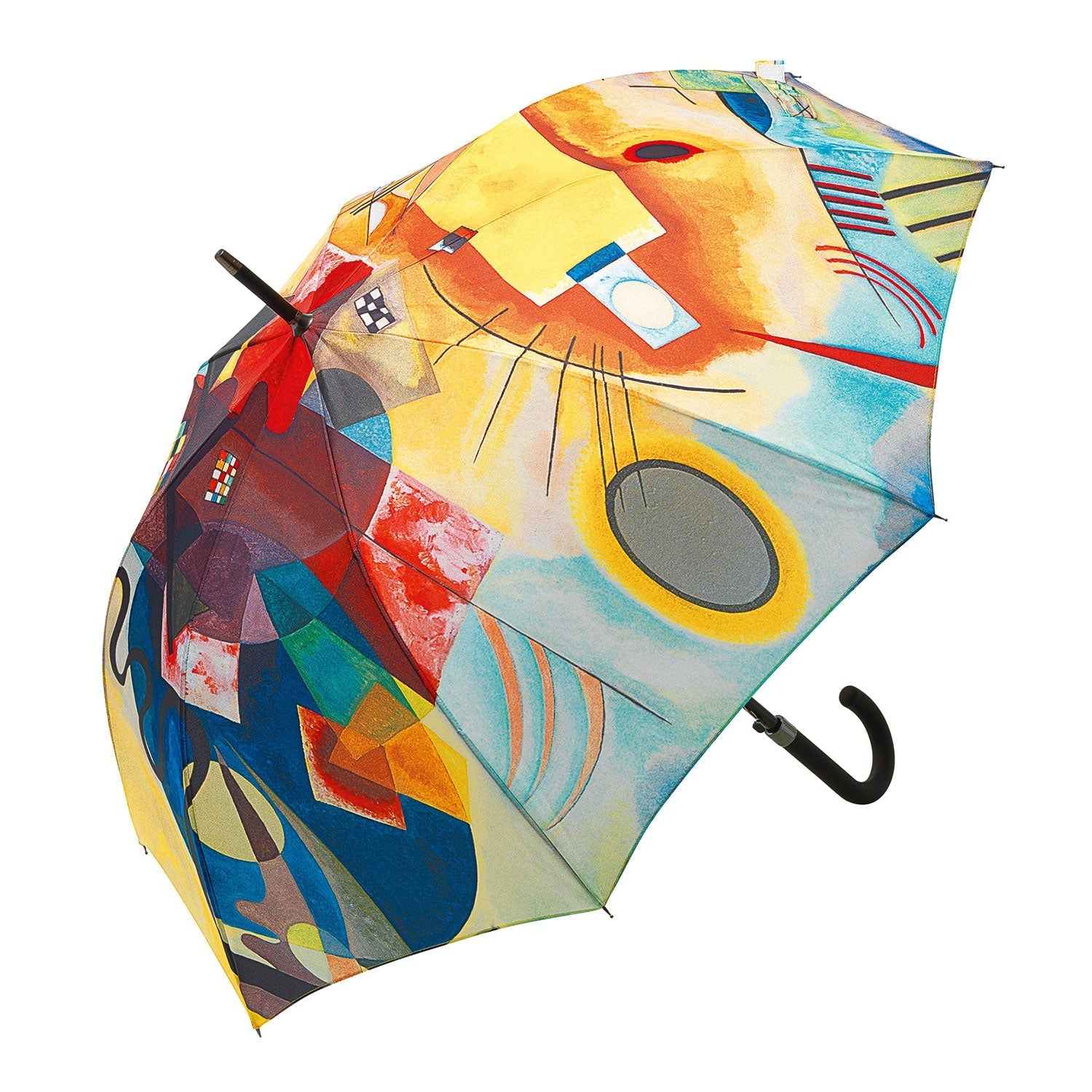Der Stockschirm "Gelb - Rot - Blau" besticht durch ein von Kandinsky inspiriertes abstraktes Design mit geometrischen Formen und lebendigen Mustern in Blau, Gelb, Rot und Orange auf weißem Grund. Er hat einen geschwungenen schwarzen Griff – ideal für alle Kunstliebhaber.