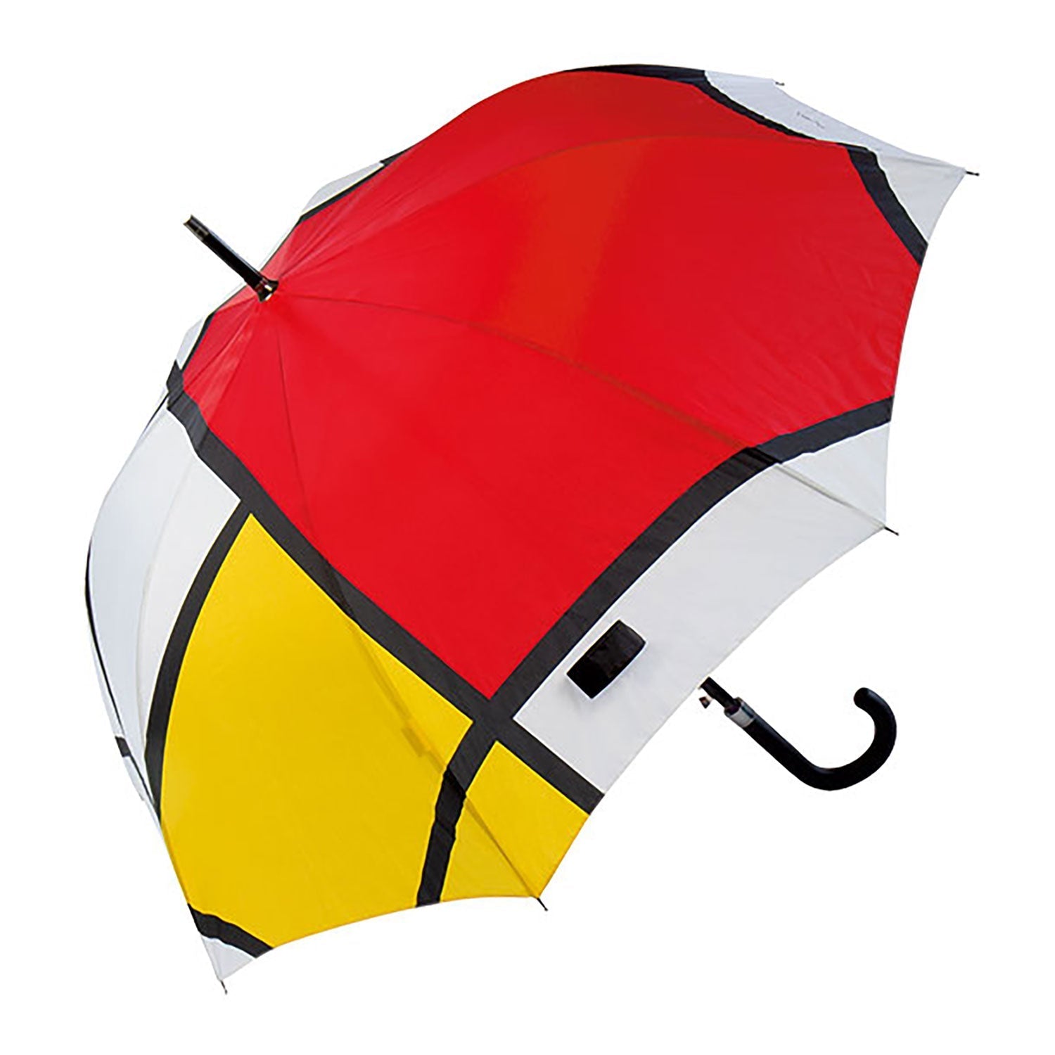 Der Stockschirm „Komposition in Rot, Blau und Gelb“ aus der ars mundi Exklusiv-Edition besticht durch sein von Piet Mondrian inspiriertes Design mit geometrischen Mustern in Rot, Gelb, Weiß und Schwarz sowie einem eleganten schwarzen Griff. Teilweise geöffnet offenbart er sein beeindruckendes Design.