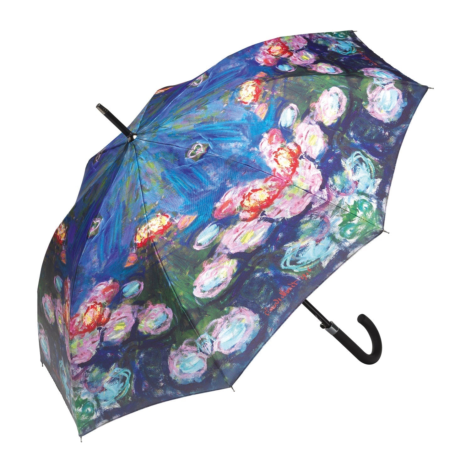Der Stockschirm „Nymphéas“ präsentiert ein vom Impressionismus inspiriertes Design mit leuchtend blauen, rosa und weißen Pinselstrichen, die an Claude Monets Seerosen erinnern. Er verfügt über einen eleganten schwarzen Griff.