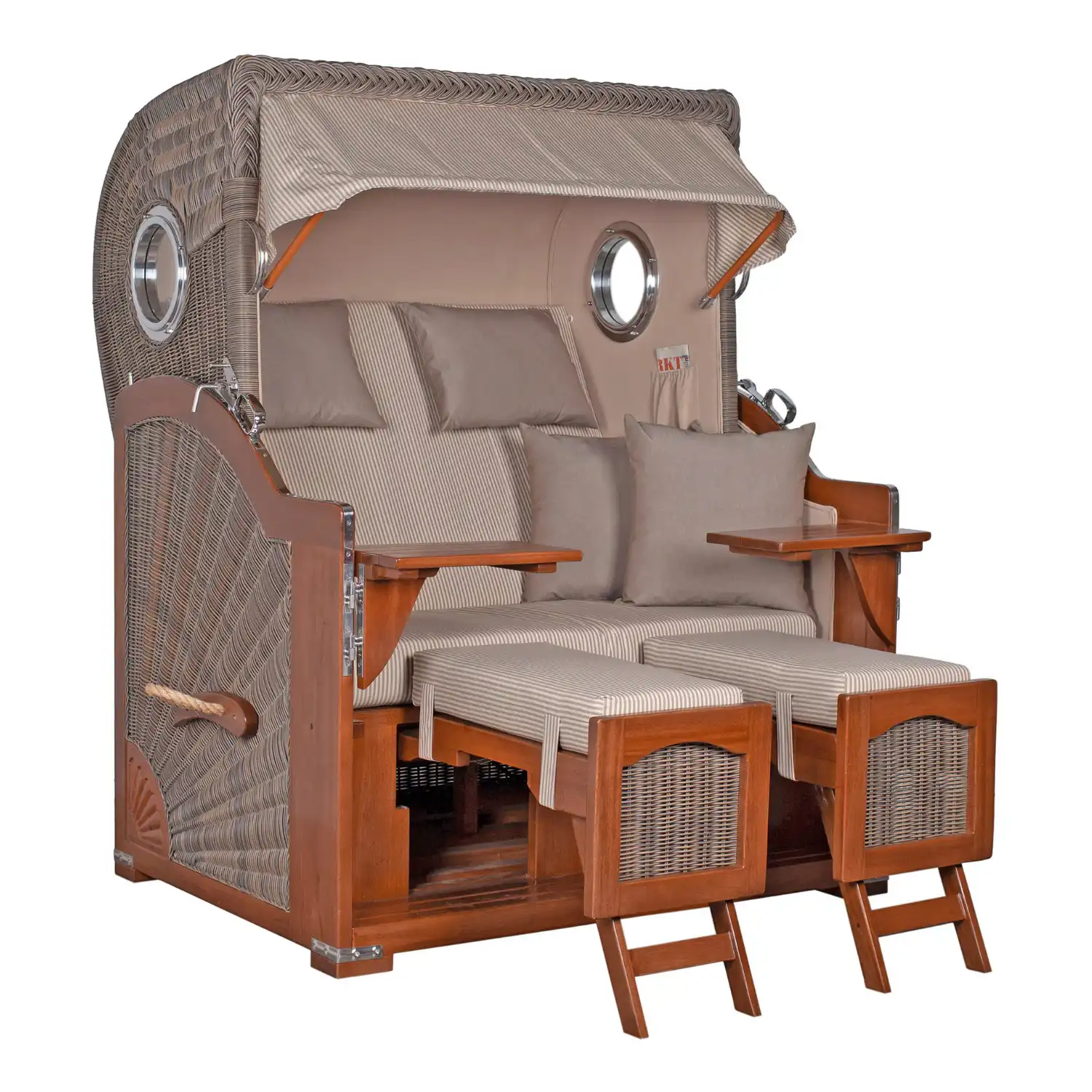 Strandkorb DÜNE Mahagoni Dessin 510 mit Kissen, Dach und Fußstützen.