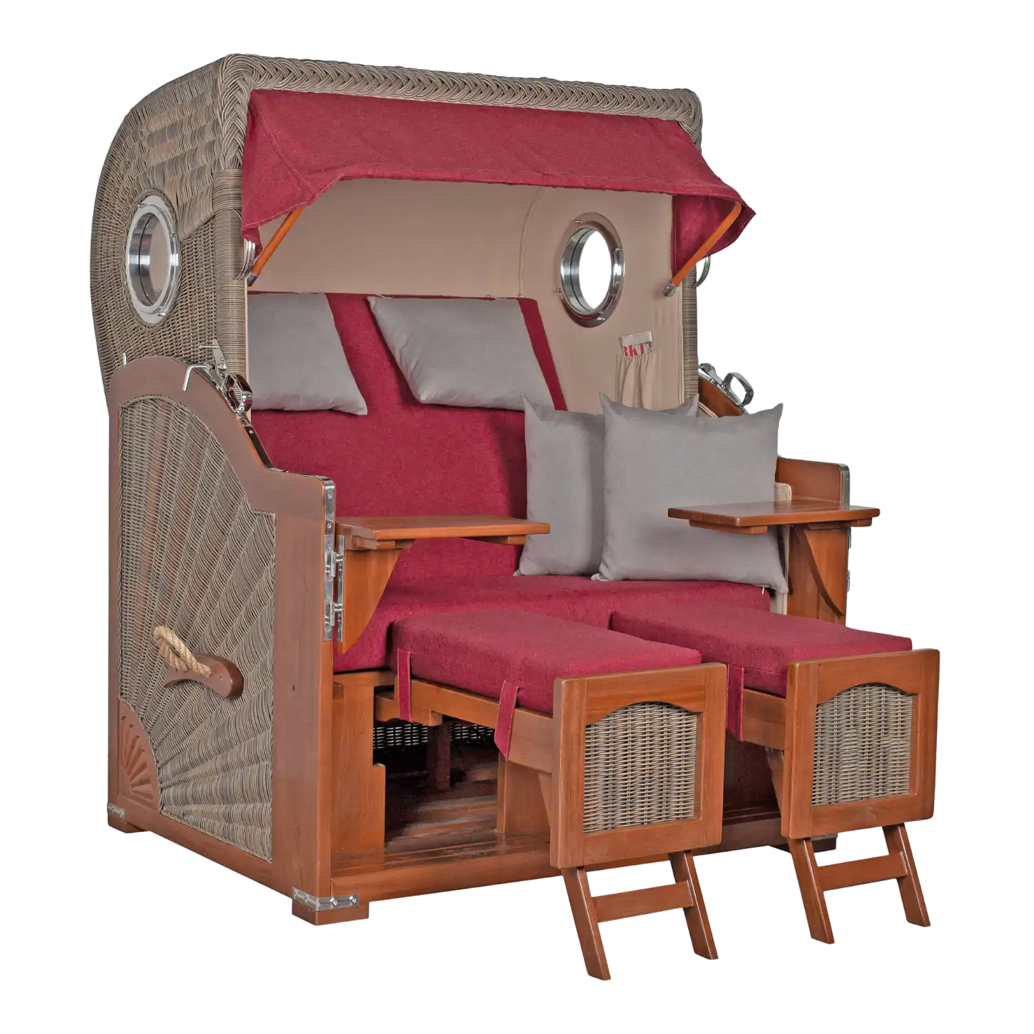 Strandkorb DÜNE Mahagoni Dessin 594 mit roten Polstern, Baldachin und Fußstützen.