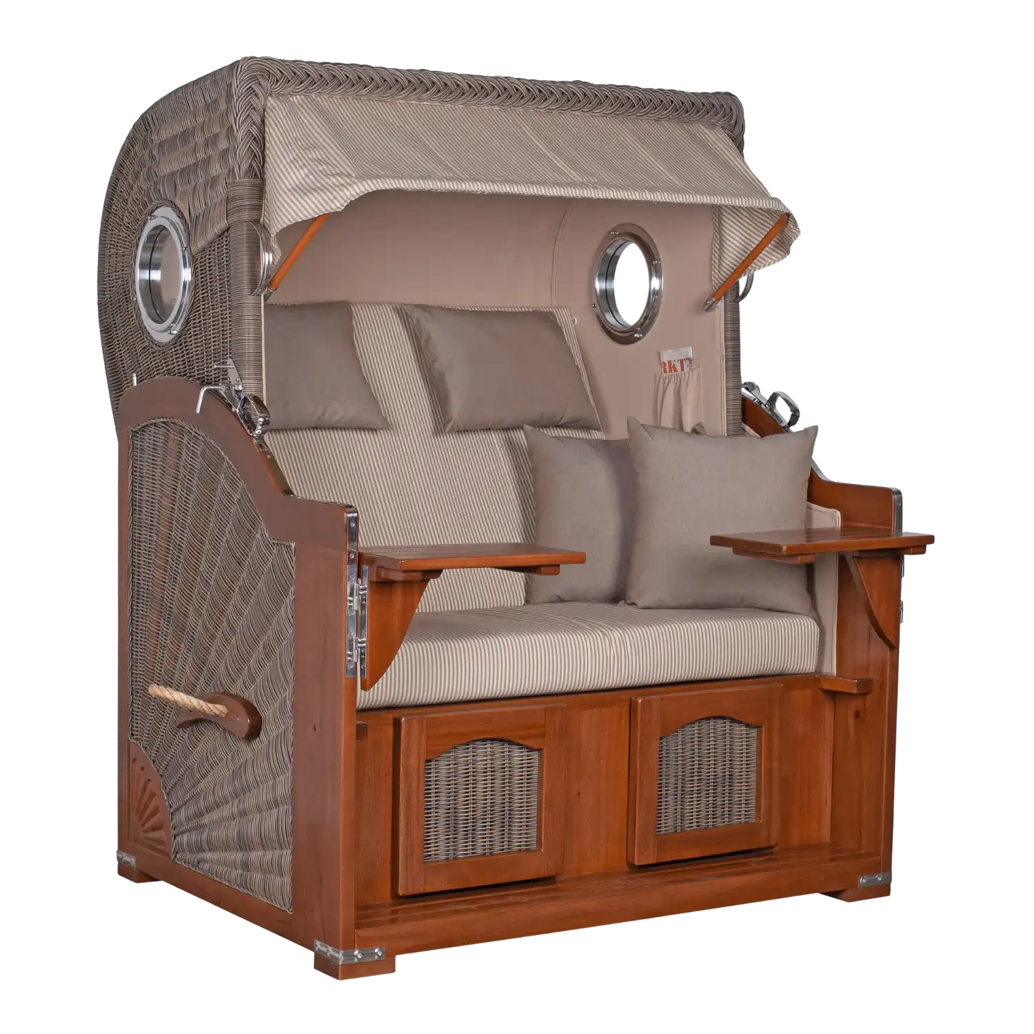 Strandkorb DÜNE Mahagoni Dessin 510 mit Baldachin und Kissen, zweisitzig.