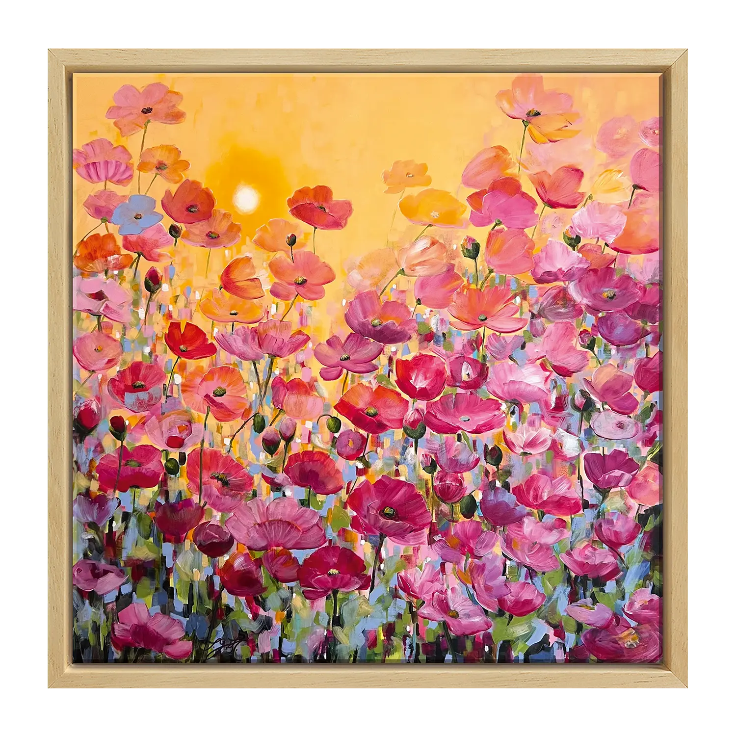 „Summer Garden 2“ von Sandra Gebhardt-Höpfner ist ein lebendiges Kunstwerk, das mit Farben von Blumen und Pflanzen einen sommerlichen Garten darstellt. Die Reproduktion wurde auf Leinwand übertragen und in einen handgefertigten Holzrahmen mit Schattenfuge eingefasst. Es ist ein limitierter Druck, der in einer Auflage von nur 199 Exemplaren verfügbar ist und von der Künstlerin signiert wurde. 