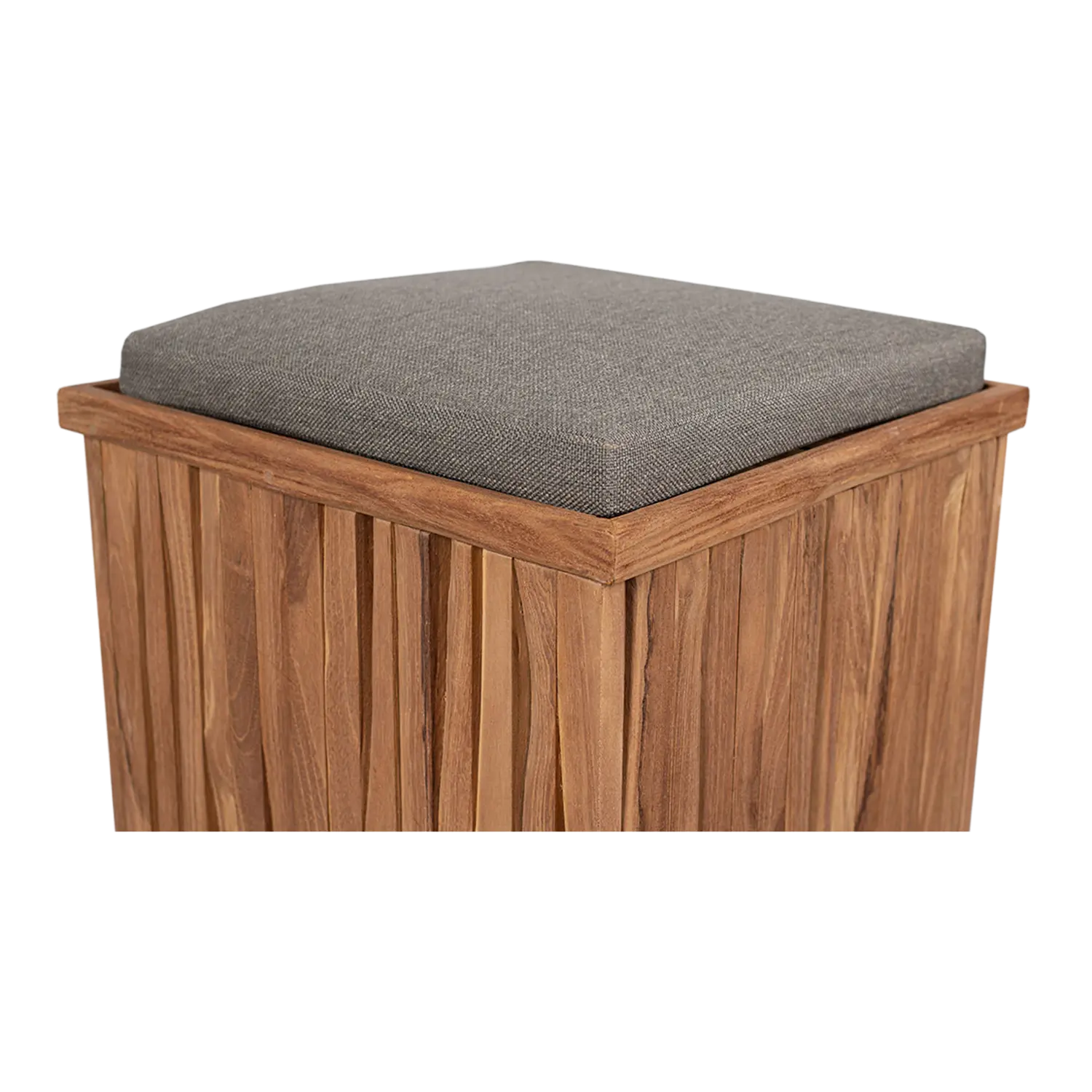 Teak Box Hocker Oxford mit grau gepolstertem Sitz, Flexcontainer-Stil.