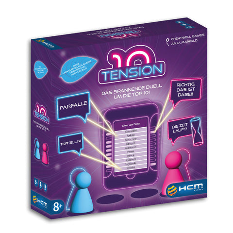Lilafarbene Schachtel des Spiels Tension, ein spannendes Ratespiel und Familienspiel, mit Neongrafiken, deutschem Text und illustrierten Spielfiguren.