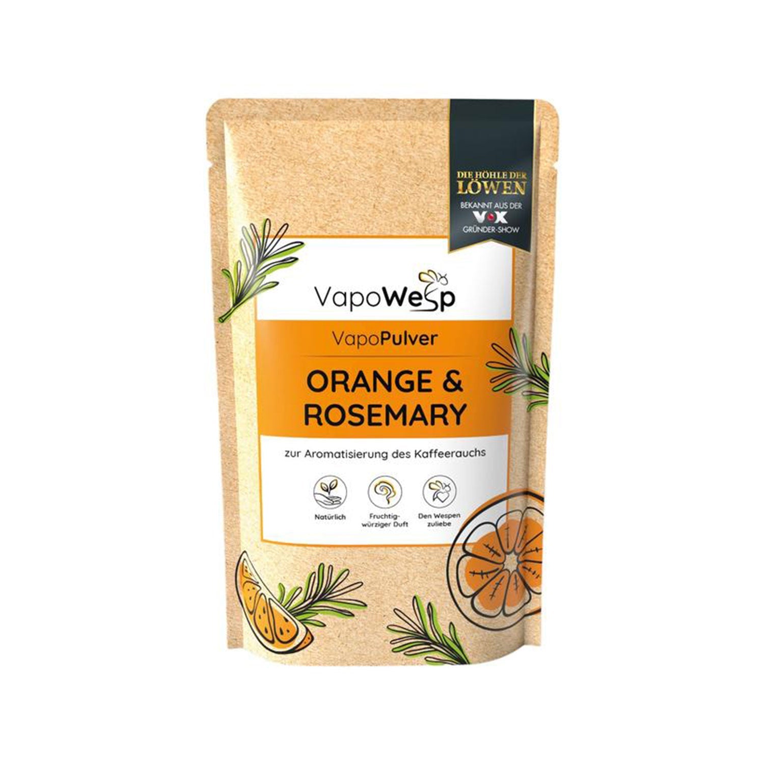 Vapowesp Pulver Orange Rosmarin Beutel mit Zitrusfrüchten und Rosmarin Design.