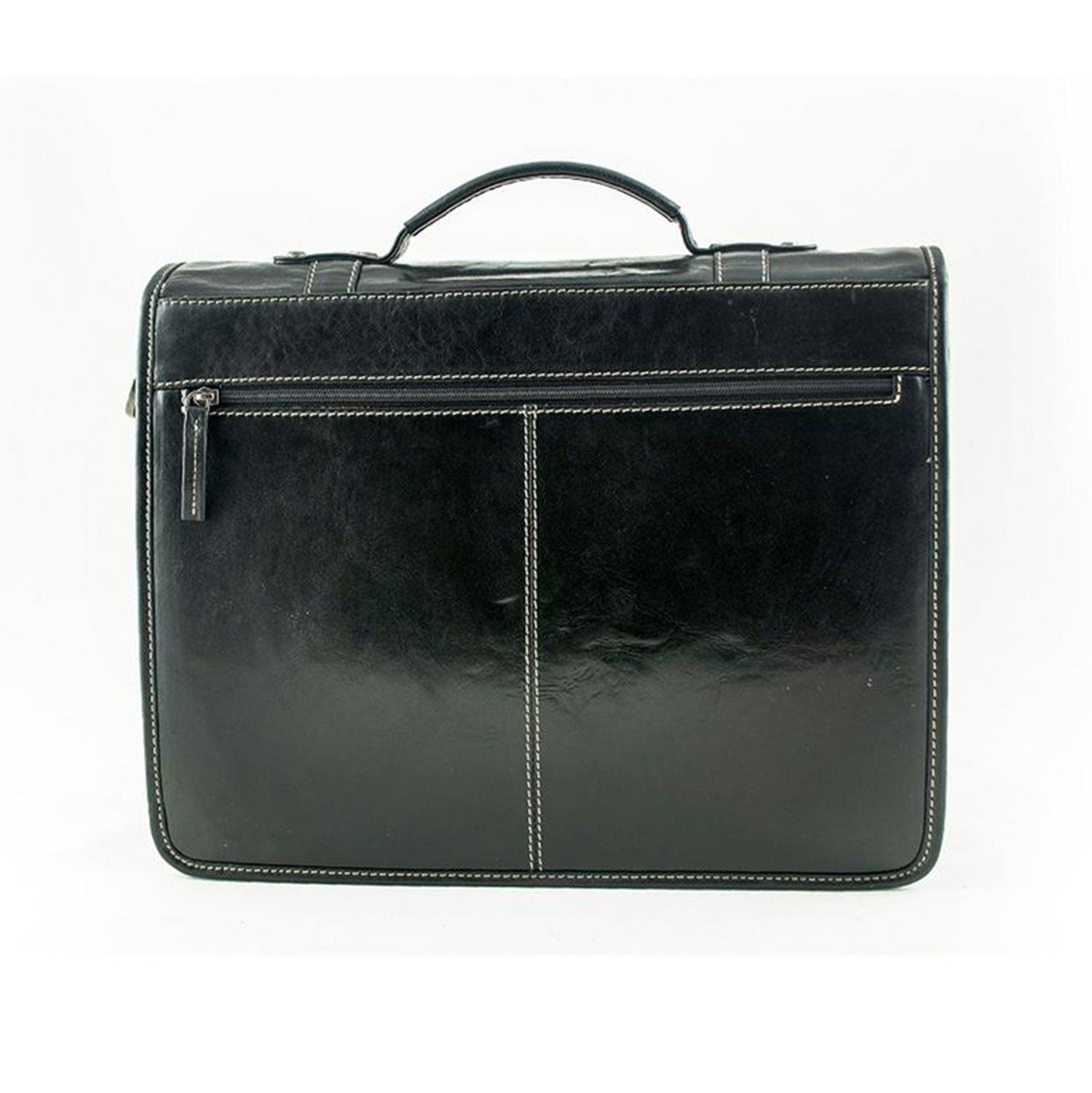 Die Aktentasche OHIO ist eine elegante schwarze Lederaktentasche mit weißen Nähten, einem Tragegriff, einer Reißverschlusstasche vorne und einem Laptopfach zur Organisation. Sie ist wasserabweisend und somit ideal für den professionellen Einsatz.