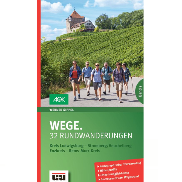 Sechs Personen wandern auf einem befestigten Weg durch die Weinberge des Schwäbischen Waldes und genießen unter der Führung ihres Wanderführers großartige Panoramaausblicke mit einer Burg auf einem Hügel im Hintergrund.