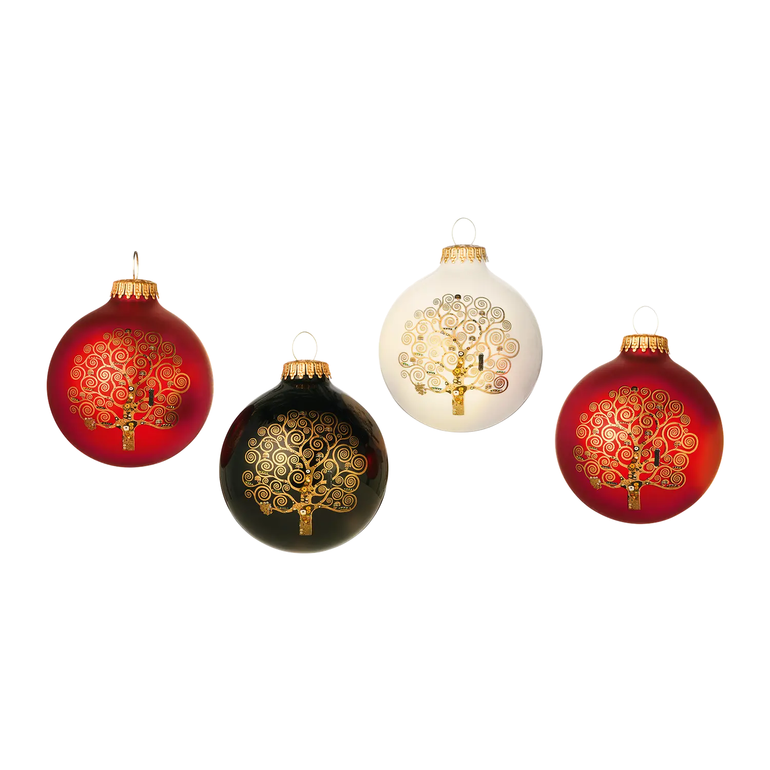 4er-Set Weihnachtsbaumkugeln "Lebensbaum" mit goldenen Klimt-Motiven.