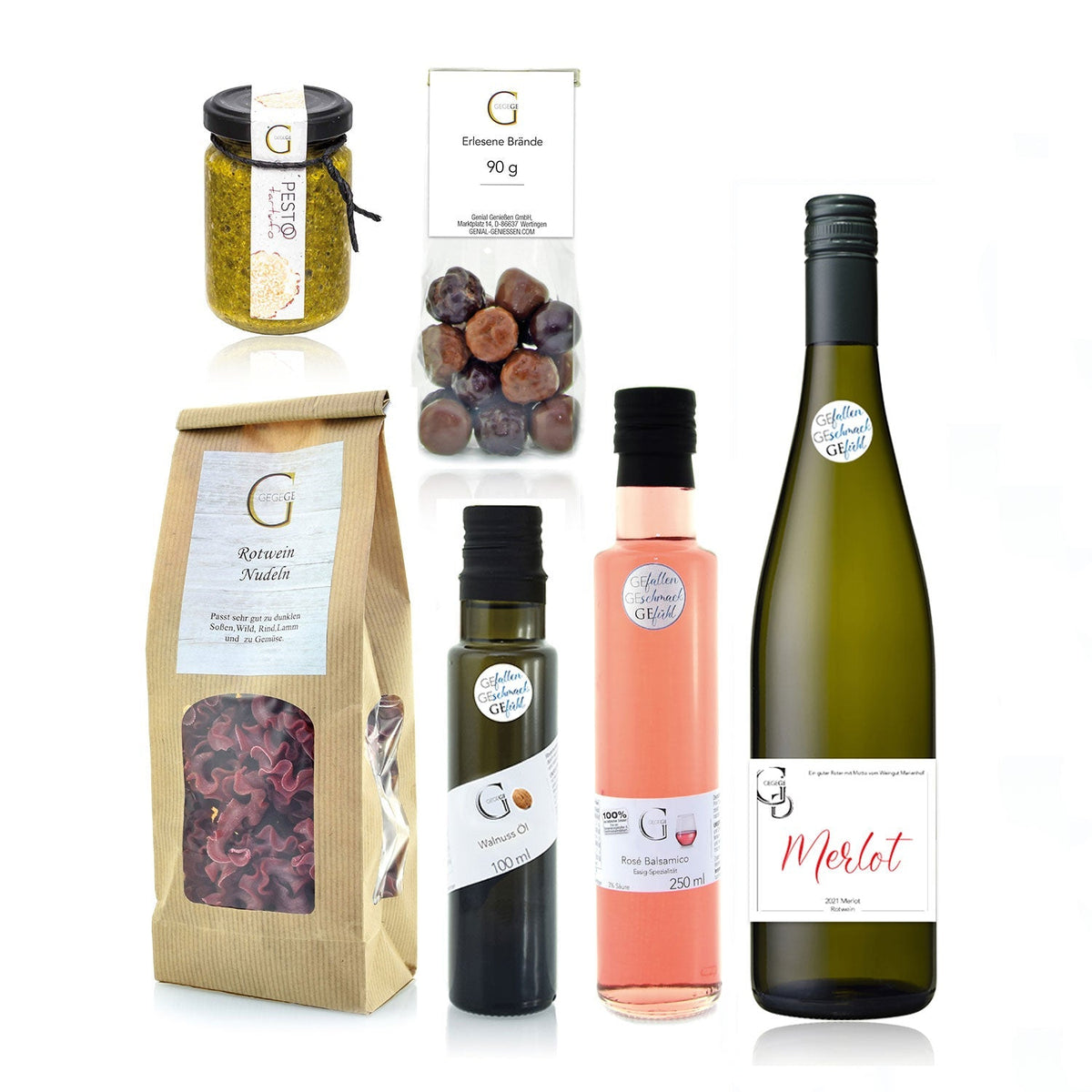 Wein Geschenkset mit Merlot, Rotwein-Nudeln, Rosé-Balsamico, Gewürzen und Trüffelmandeln