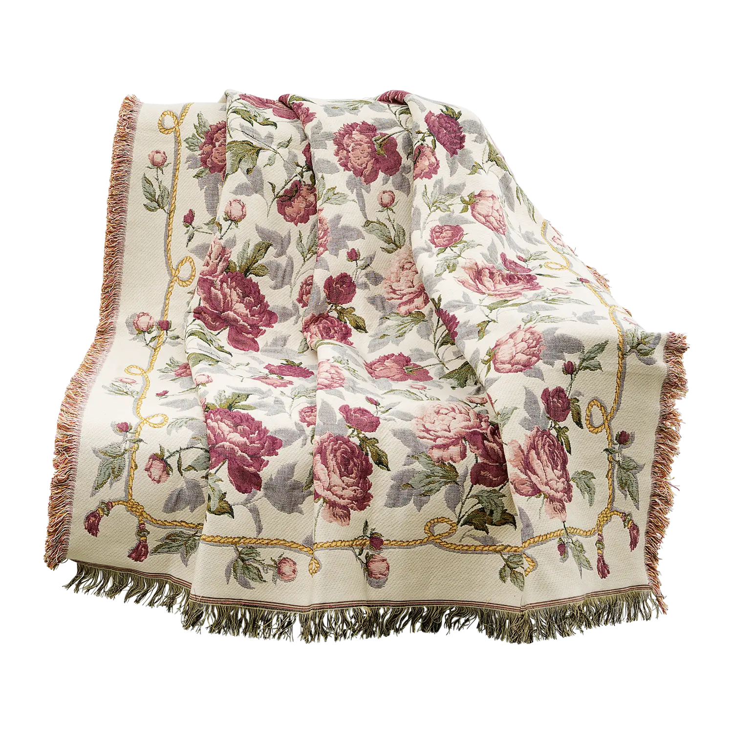 Wohnplaid "Rosen" mit Fransen, drapiert über einen Stuhl.