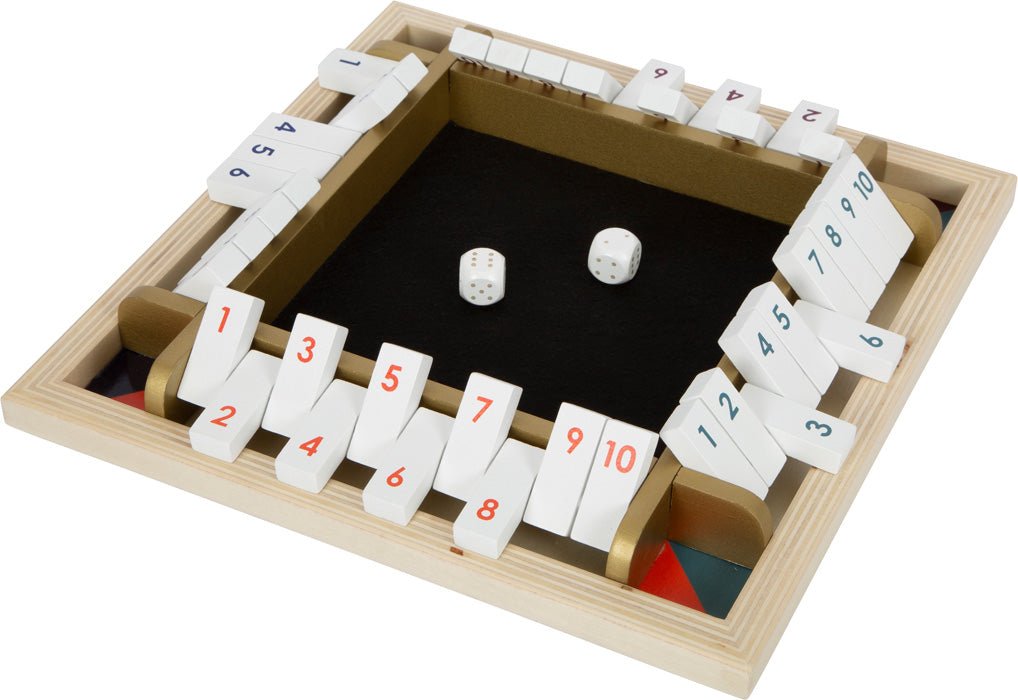 Dieses Shut the Box-Spiel ist ein klassisches Klappen- und Würfelspiel aus Holz und verfügt über nummerierte Spielsteine und zwei Würfel in der Mitte für endlosen Gesellschaftsspielspaß.
