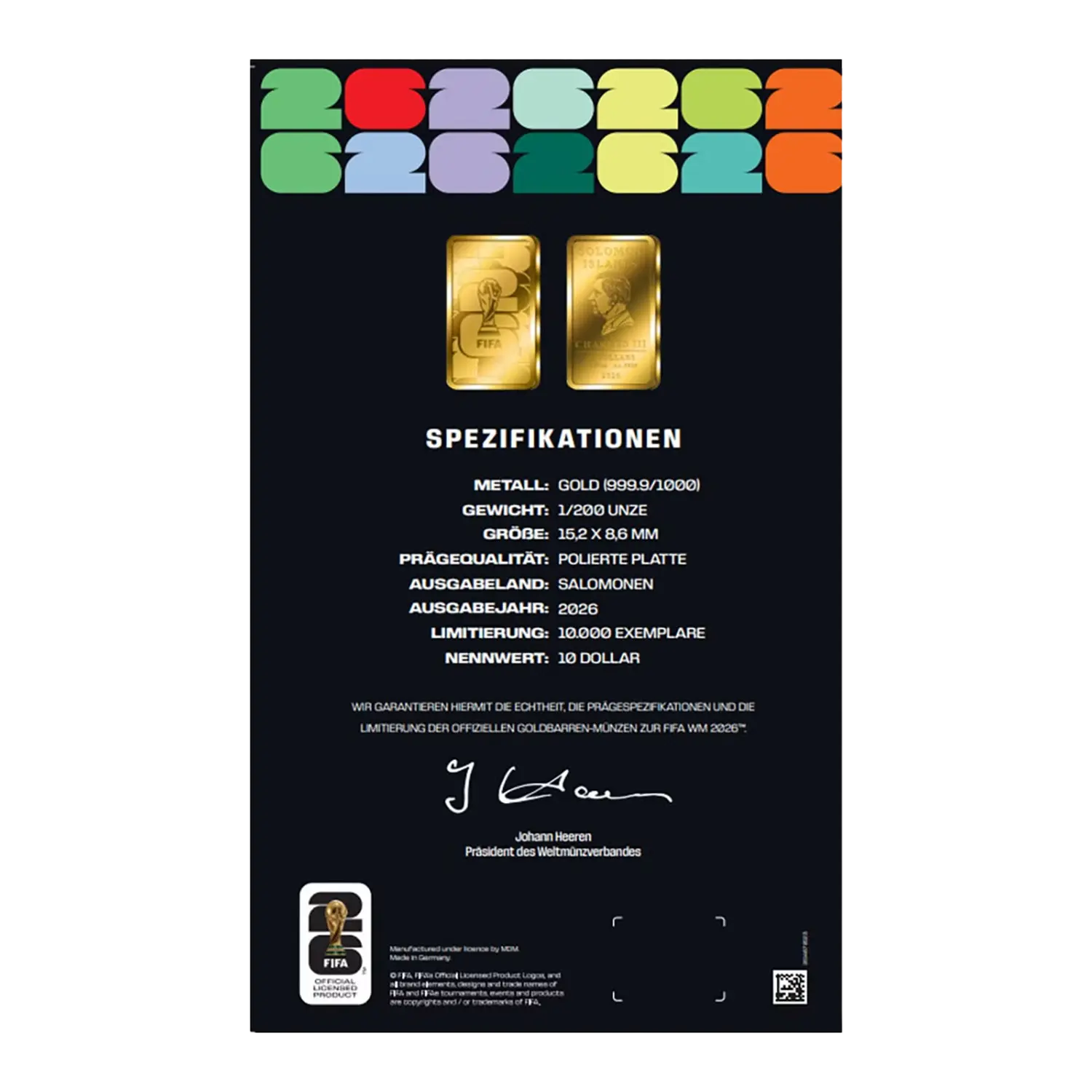 Zwei Goldbarren FIFA Fussball-WM 2026 mit offiziellem Emblem auf Schwarz.