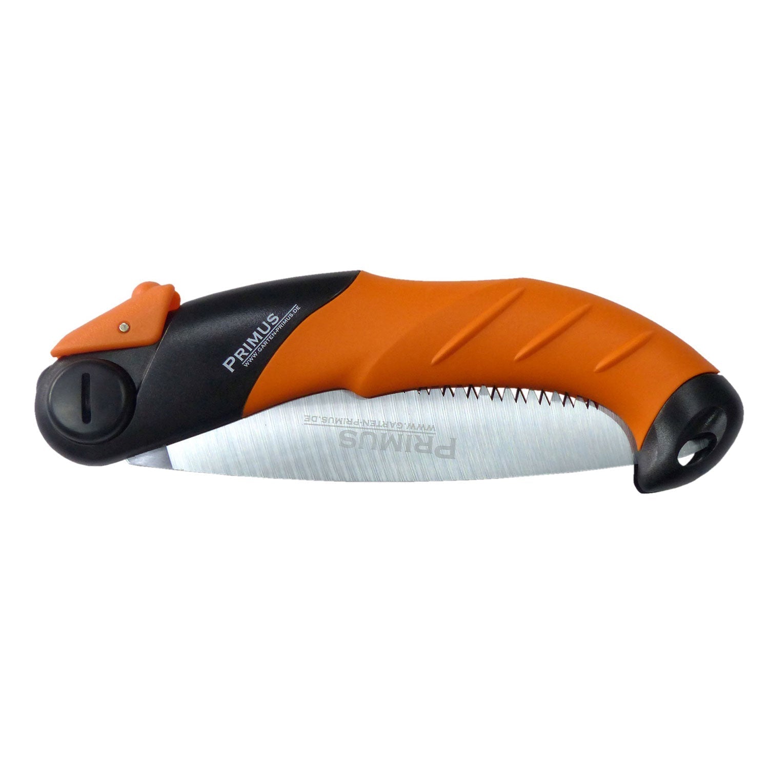 Klappsäge für Hobbygärtner mit orange-schwarzem Griff, ideal für Obstbaumschnitt-Aufgaben.