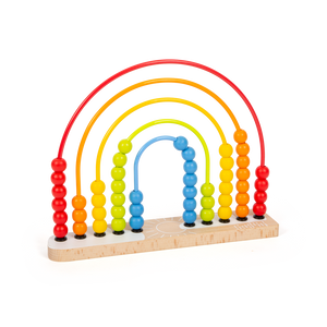 Buntes, regenbogenförmiges Abakus-Spielzeug aus Holz mit Perlenreihen in Rot, Orange, Gelb, Grün, Blau und Marineblau – perfekt als Lernspielzeug und bezaubernde Kinderzimmerdekoration.