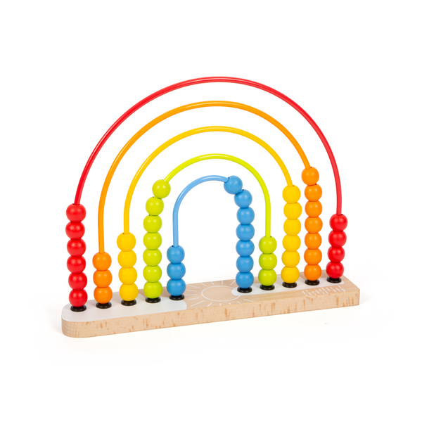 Buntes, regenbogenförmiges Abakus-Spielzeug aus Holz mit Perlenreihen in Rot, Orange, Gelb, Grün, Blau und Marineblau – perfekt als Lernspielzeug und bezaubernde Kinderzimmerdekoration.