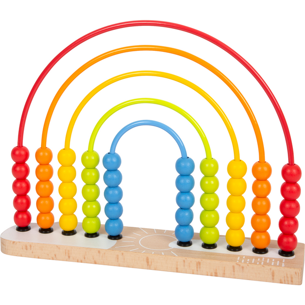 Bunter Holzabakus mit Regenbogenbögen und Reihen aus roten, orangefarbenen, gelben, grünen und blauen Perlen – eine bezaubernde Motorikschleife und Lernspielzeug, ideal für die Kinderzimmerdekoration.