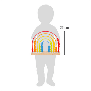 Eine Kindersilhouette, die eine 22 cm große bunte Motorikschleife mit roten, gelben und blauen Perlen hält – perfekt als Lernspielzeug oder Kinderzimmerdekoration.