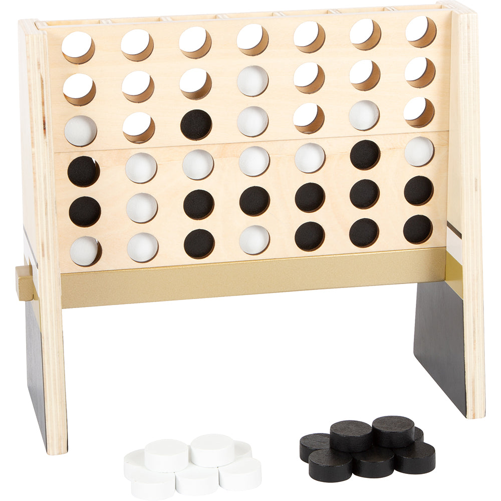 Strategieklassiker aus Holz „Vier gewinnt“ mit schwarzen und weißen Spielsteinen, einige im Raster und andere auf dem Tisch – ein klassisches Strategiespiel aus Holz für alle Altersgruppen.