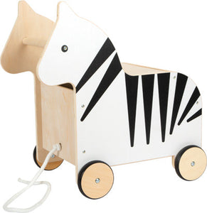 Holz-Rutschauto in Form eines Zebras, aus robustem Holz gefertigt, mit vier Rädern, einem Zugseil vorne und einer praktisch fahrbaren Spielzeugbox zum Aufbewahren von Spielzeug im Inneren.