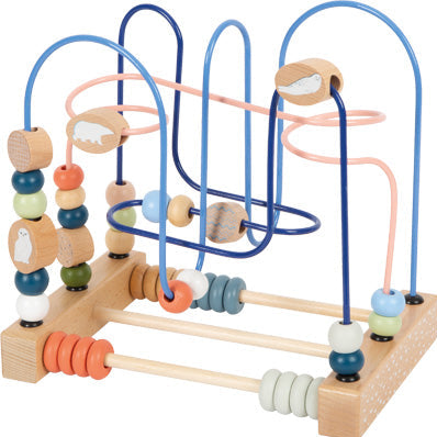 Holzperlen-Labyrinth-Spielzeug mit bunten Perlen und Tierformen auf gebogenen und geraden Drähten, zur Förderung der Feinmotorik und der Hand-Augen-Koordination.