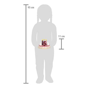 Silhouette eines 95 cm großen Kindes mit einer Geburtstagstorte – einem 11 cm großen Kuchen mit Kerzen und der Zahl 15 – perfekt für Rollenspiele, gefertigt aus 100 % FSC®-zertifiziertem Holz.
