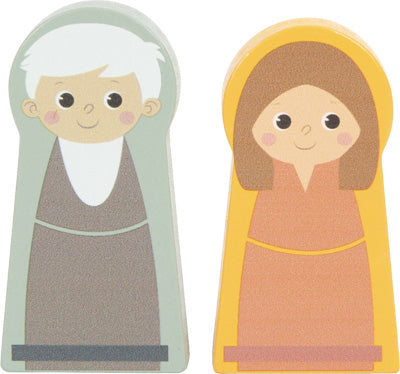 Zwei Holzfiguren im Cartoon-Stil, eine mit weißen Haaren und grauer Kleidung, eine mit braunen Haaren und orangefarbener Kleidung – perfekt für ein Formen-Steckspiel zur Förderung motorischer Fähigkeiten.