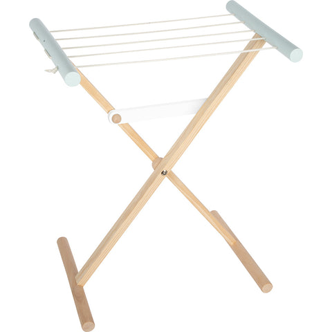 Wäscheständer aus Holz mit weißer Leine auf X-förmigem Gestell – ideal als Haushaltsspielzeug dank kindgerechter Arbeitshöhe.