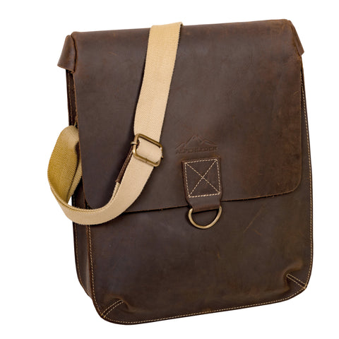 Braune Vollleder-Schultertasche mit beigem, verstellbarem Schultergurt, Frontschnalle und praktischem Laptopfach.