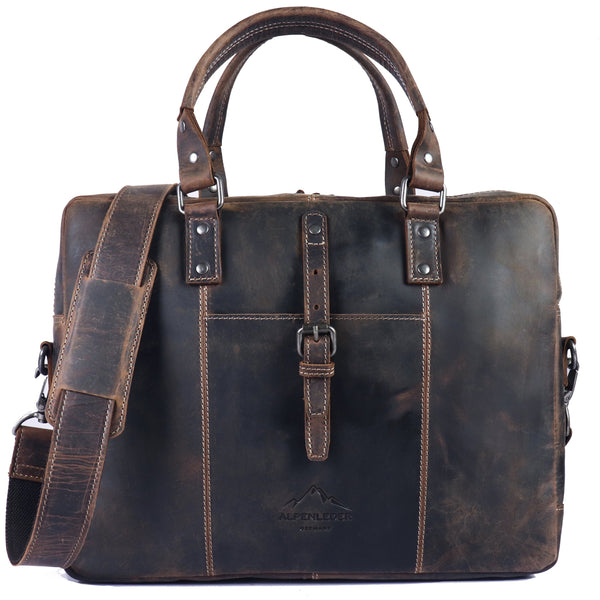 Dunkelbraune Aktentasche LUDWIG aus Büffelleder mit Tragegriffen und Schultergurt, Schnalle vorne, Nähten und vegetabilem Leder für dauerhafte Qualität.