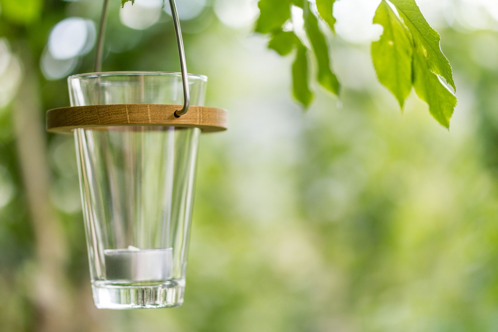 Ein gläserner Licht-Eimer mit einer kleinen Kerze hängt an einem Baumzweig, umgeben von grünen Blättern, und schafft eine stimmungsvolle Atmosphäre im Garten.